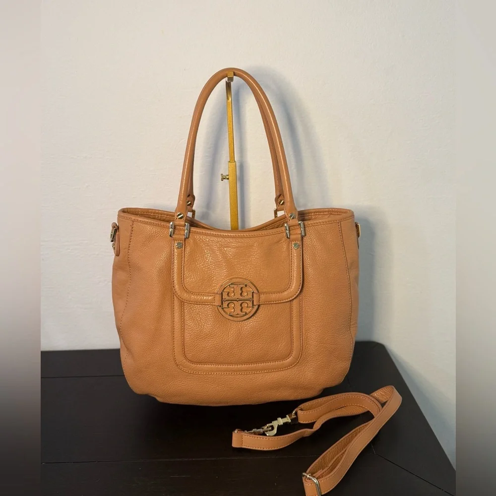 Tory Burch Amanda Pebbled Leather Tote Crossbody Bag Camel Tan - Picture 4 of 8